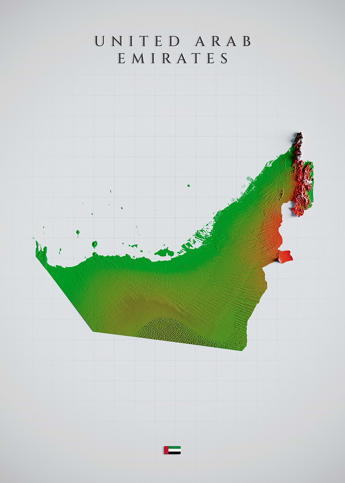 United Arab Emirates Topographic Map - Color Shaded Relief, 3D Elevation Poster
