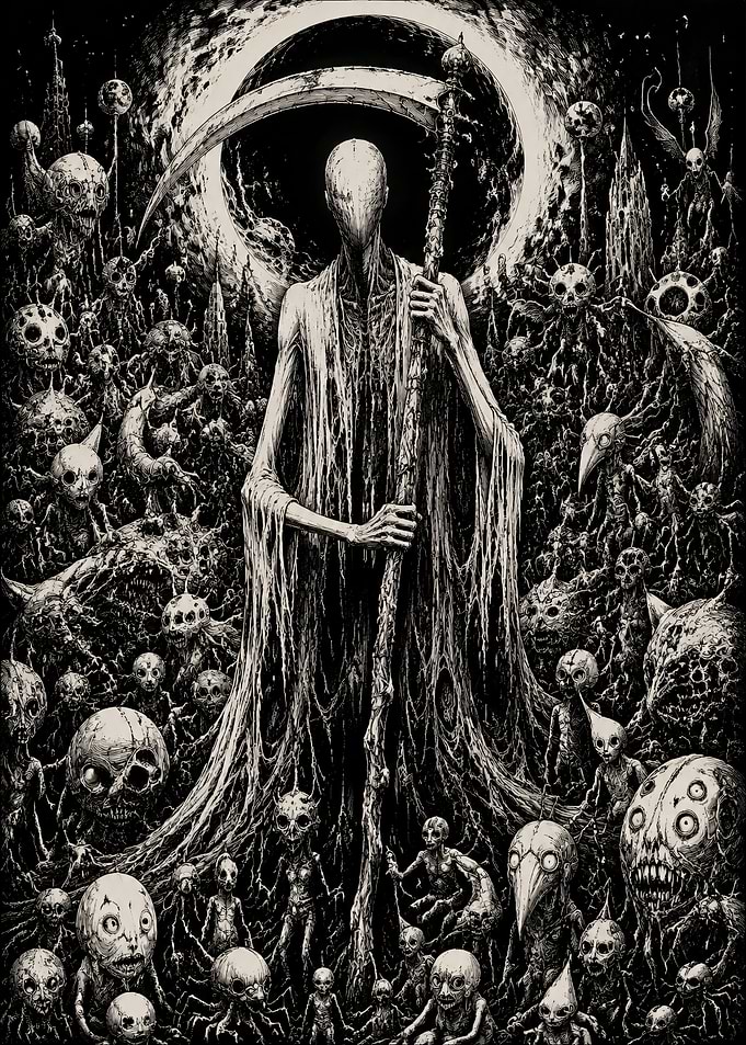 Grim Reaper Surrounded by Grotesque Spirits