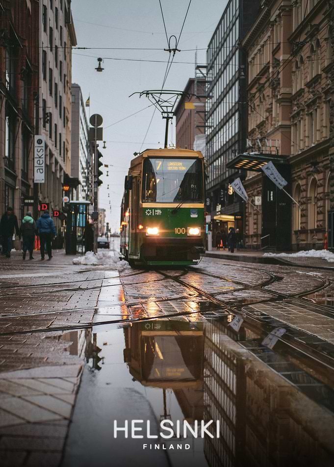 Helsinki Tram on Rainy Street
