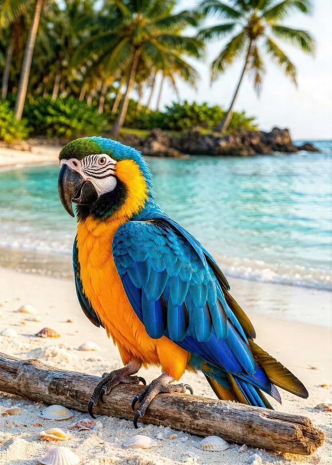 Blue and Gold Macaw on Beach