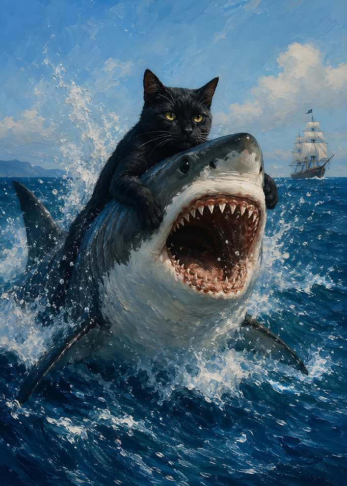 Black Cat Riding a Great White Shark