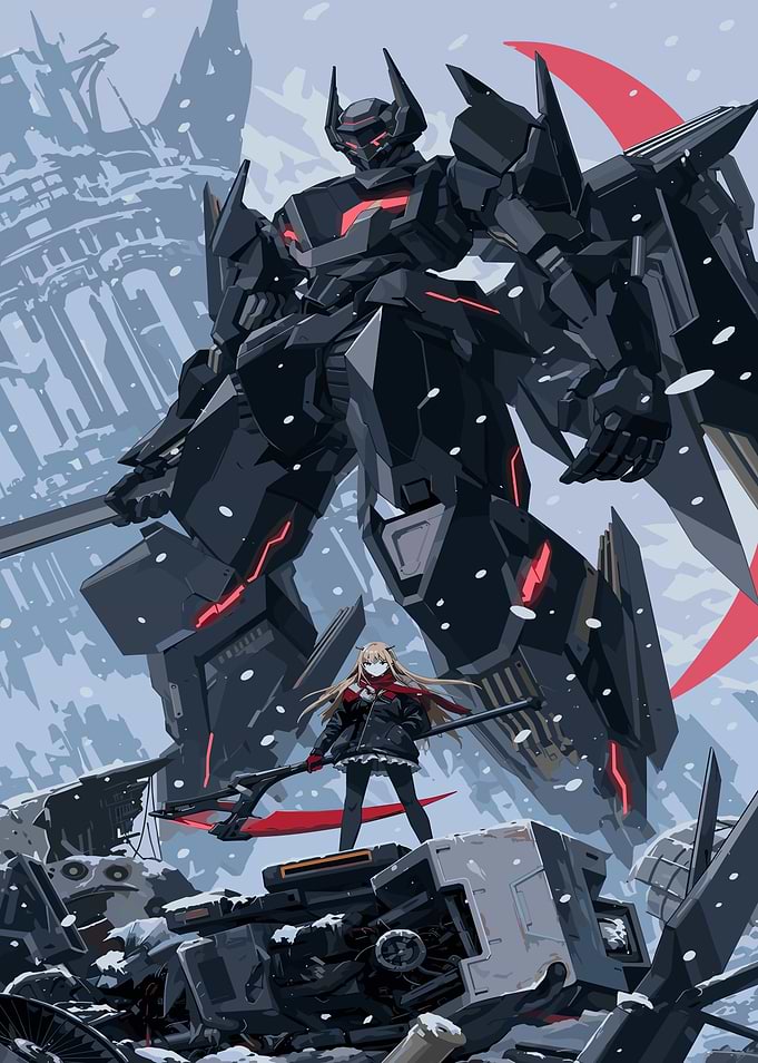 Iron Saga Anime Girl with Scythe and Mecha