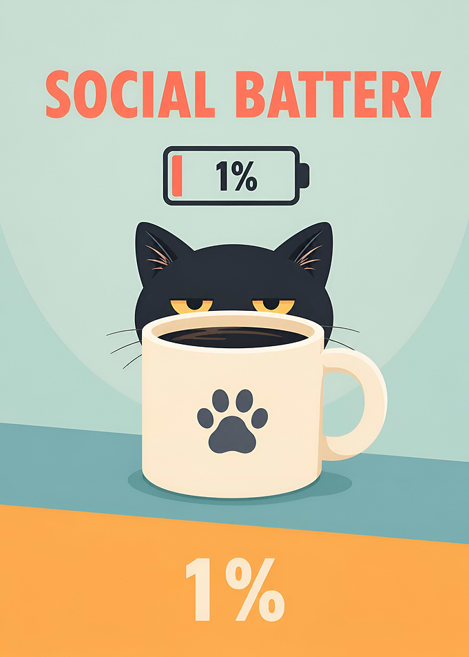 Social Battery Low Cat Illustration