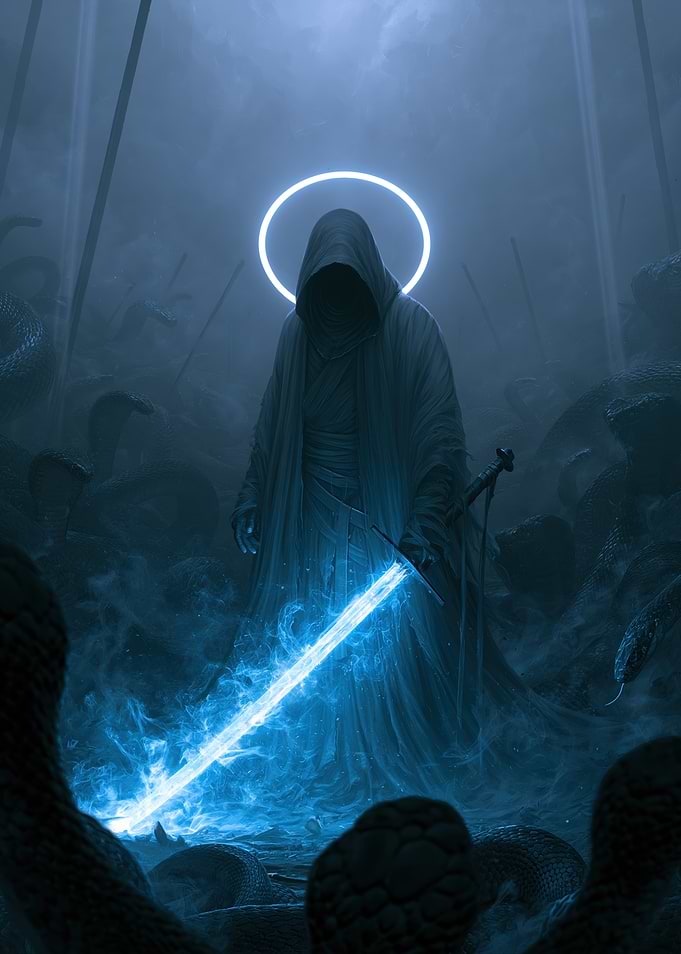 Hooded Figure with Glowing Blue Sword
