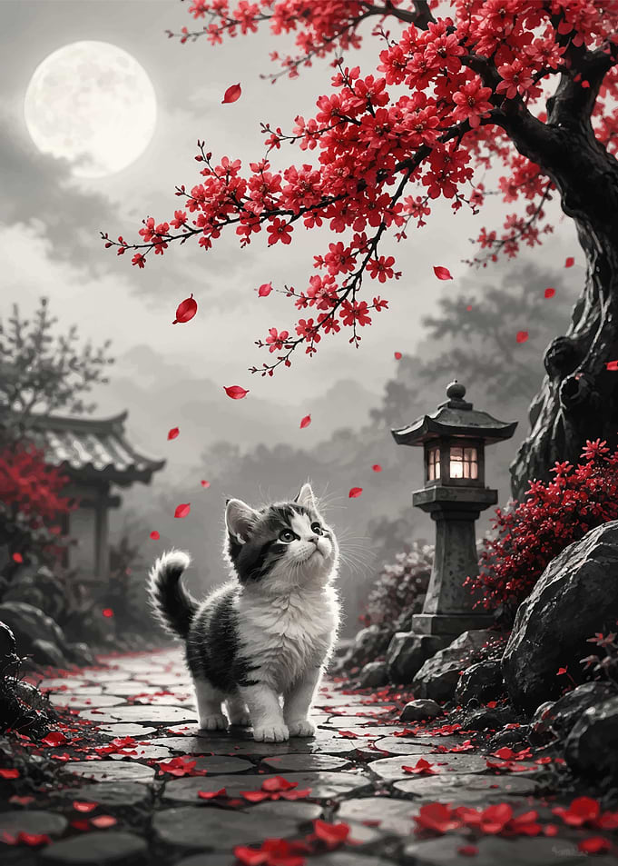 Cute Kitten Under Cherry Blossom Tree