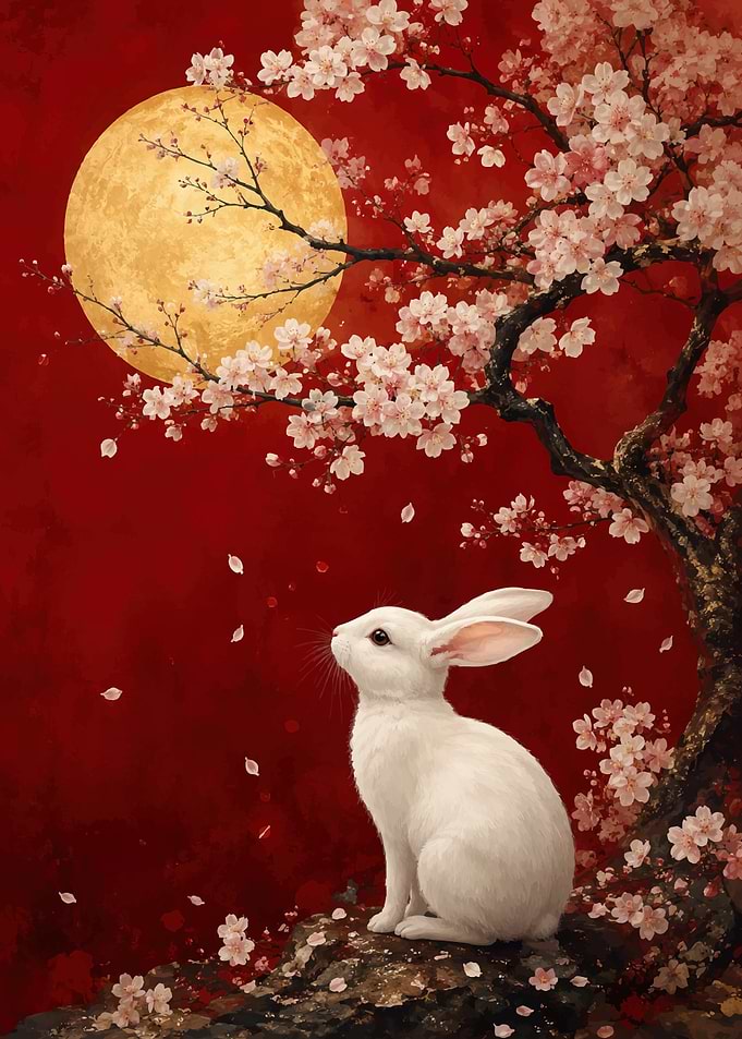 White Rabbit Under Cherry Blossom Moon