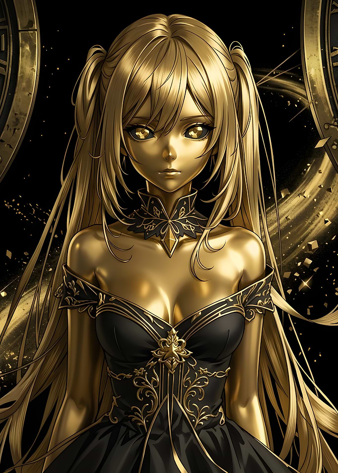Golden Anime Girl in Black Dress