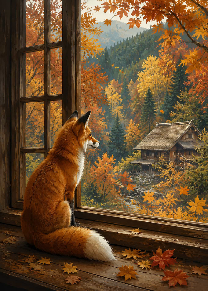 Fox Watching Autumn Forest Landscape