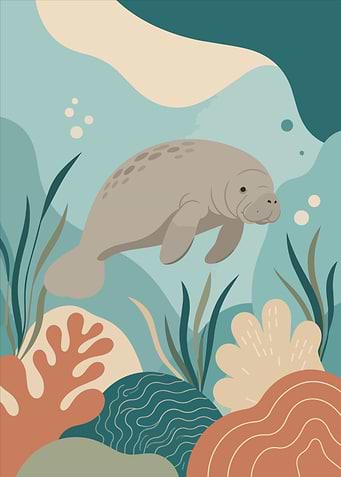 Minimalist Manatee Underwater Illustration Art