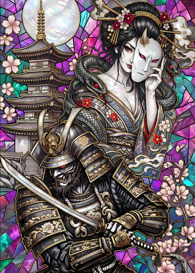Samurai and Geisha Stained Glass Art