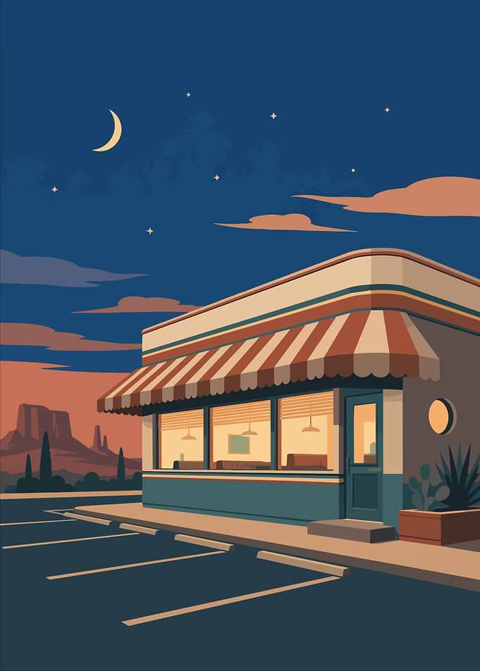Retro Desert American Diner at Night Minimalist Art