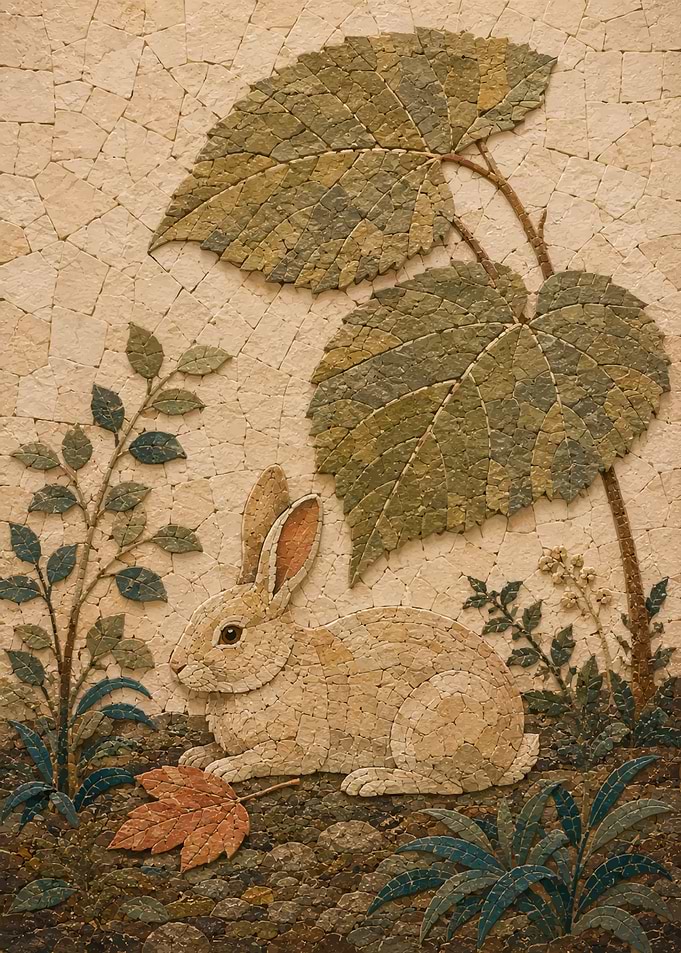 Mosaic Rabbit Under Large Leaves