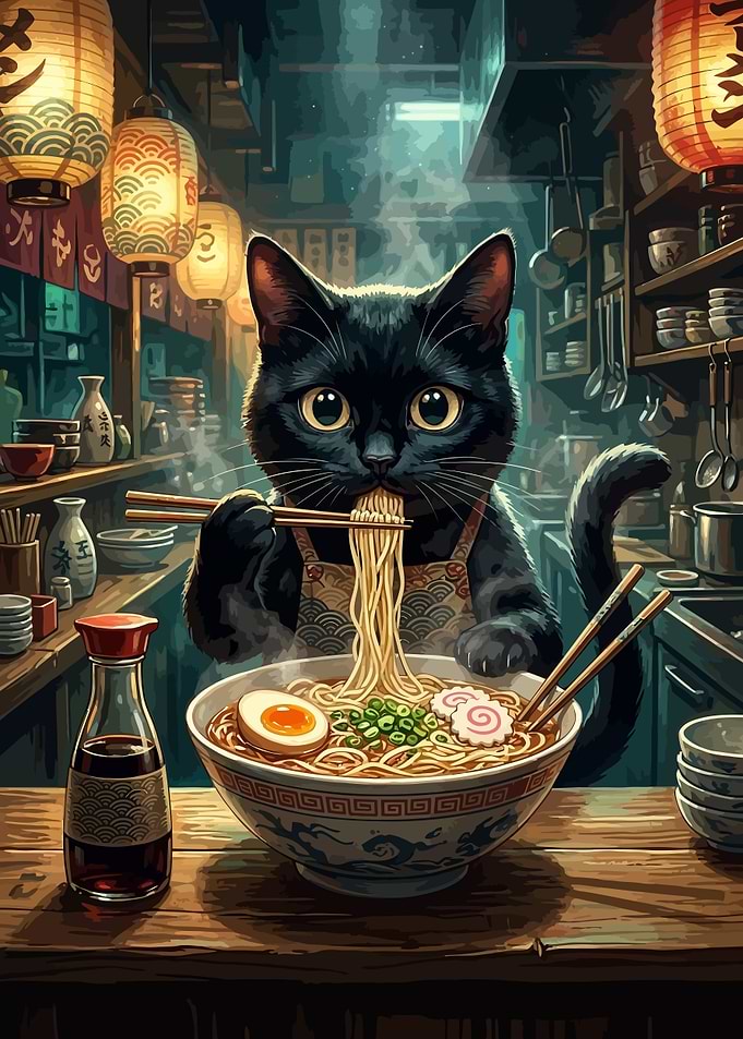 Black Cat Eating Ramen in Shop