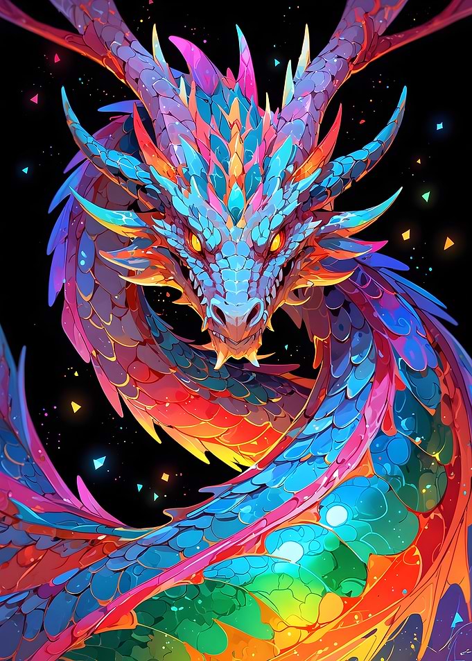 Vibrant Neon Rainbow Dragon Portrait