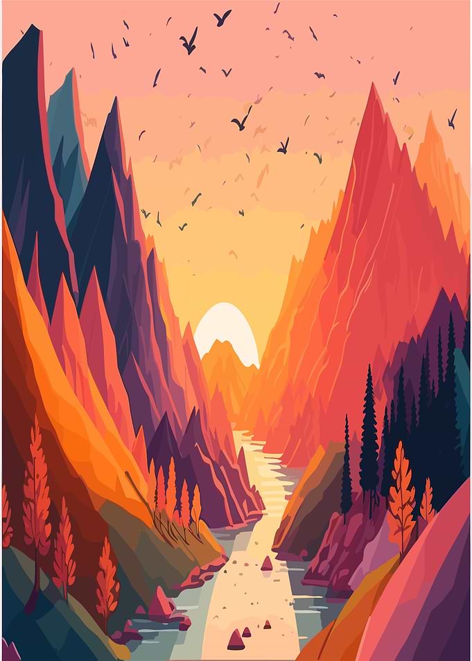 Vibrant Mountain Valley Sunset Landscape