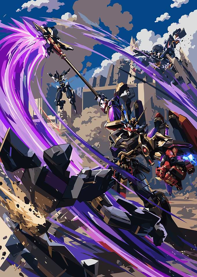 Iron Saga Mecha Battle with Purple Energy Spear