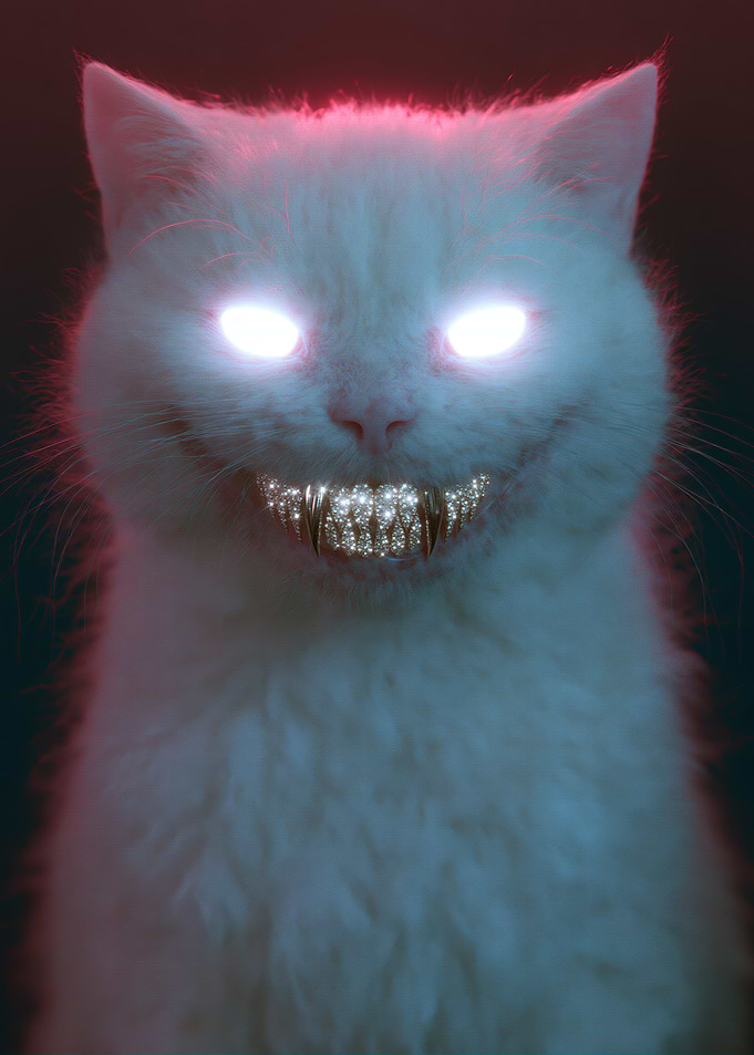 Eerie Glowing White Cat with Grillz