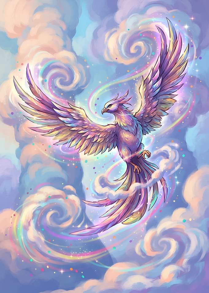 Rainbow Phoenix Flying in Pastel Clouds