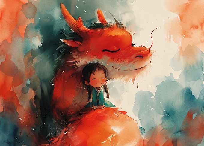 Little Girl Hugging a Friendly Dragon
