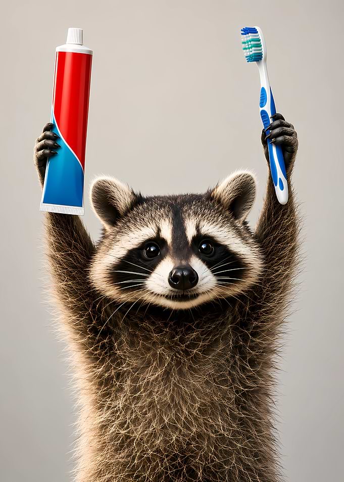 Cute Raccoon Holding Toothbrush and Toothpaste