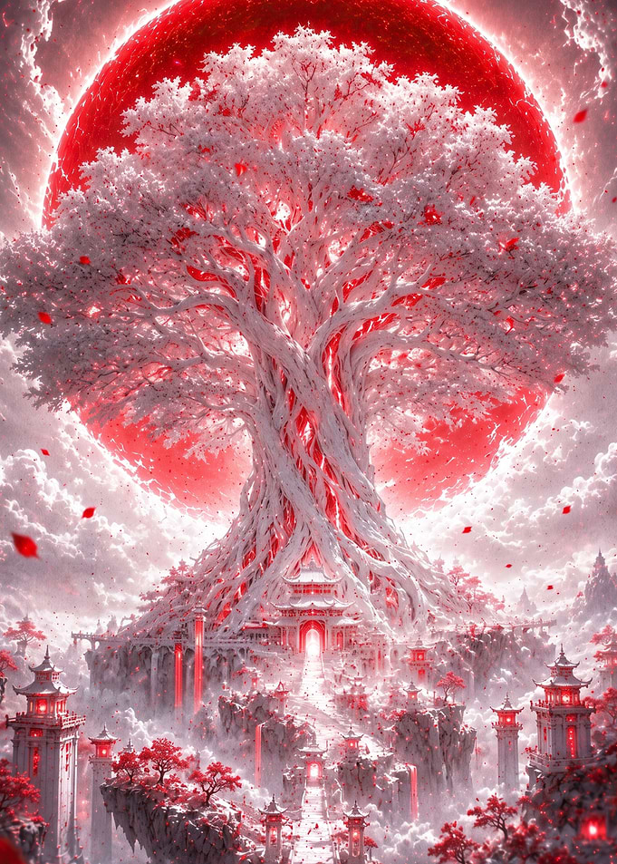 Ethereal Red Moon Sacred Tree Temple