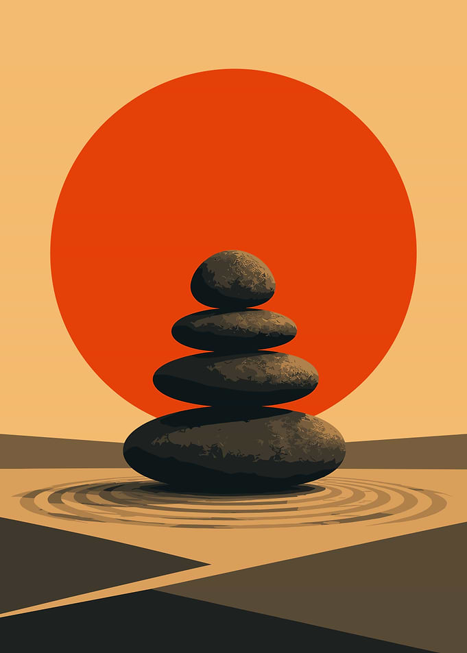 Zen Stone Stack Under A Red Sun Minimalist Art