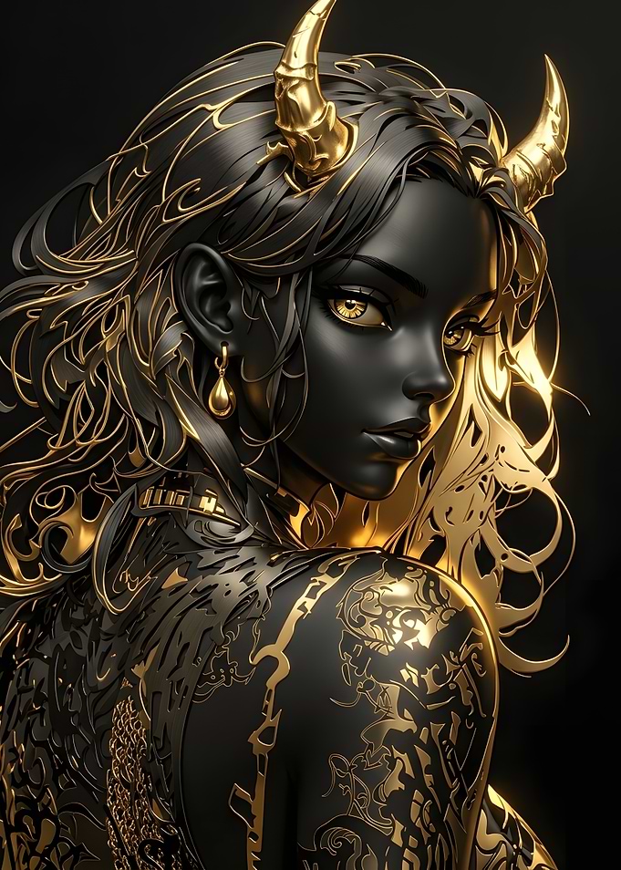 Elegant Black and Gold Demon Portrait