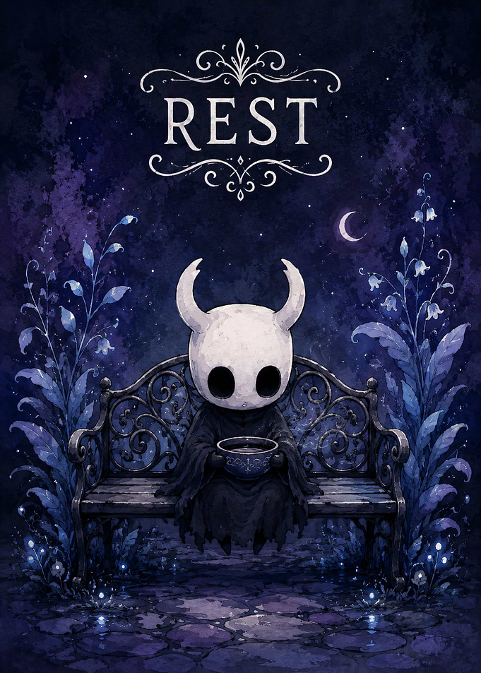 Hollow Knight Resting on Bench