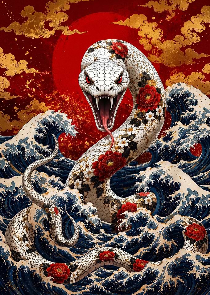 White Snake in Japanese Wave Art