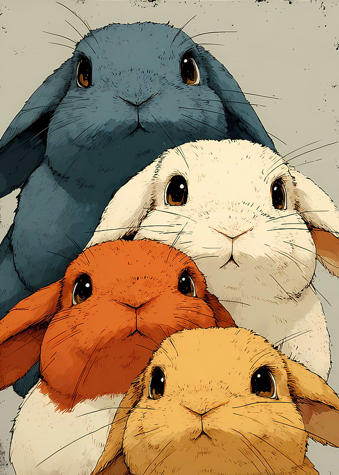 Four Colorful Rabbits Portrait Vintage