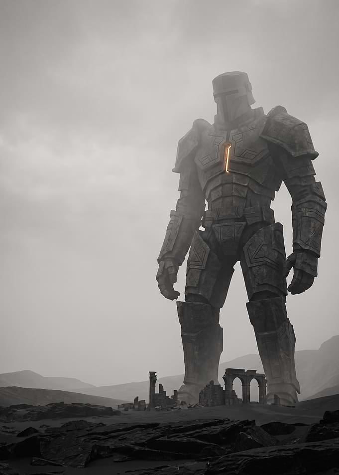 Colossal Stone Knight in Ancient Ruins