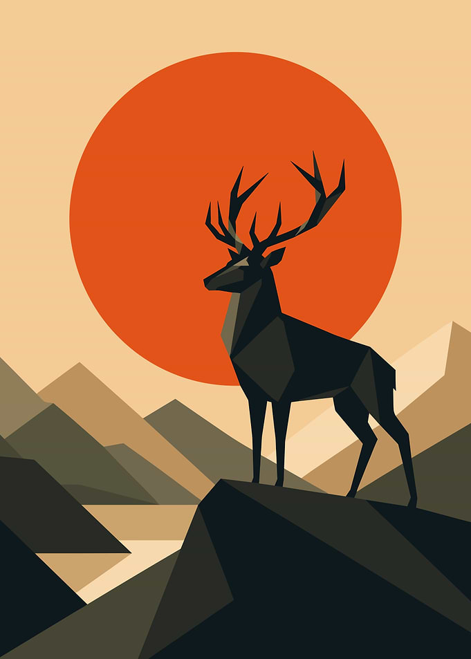 Geometric Stag in Mountain Landscape