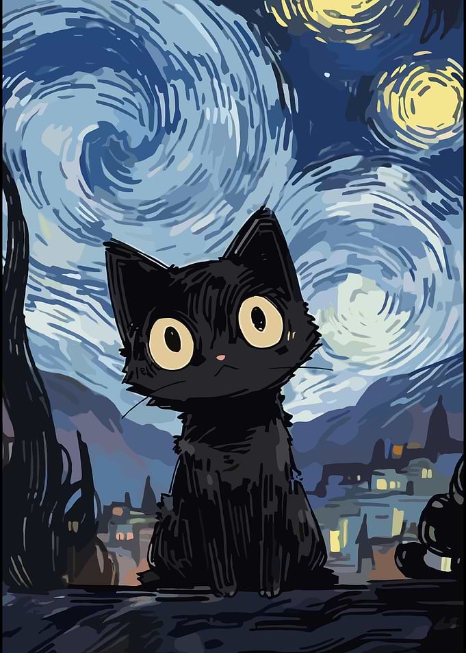 Black Cat in Starry Night Style