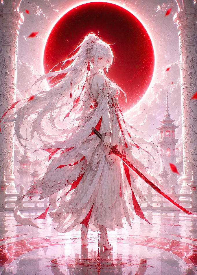 Anime Warrior Girl with Red Moon
