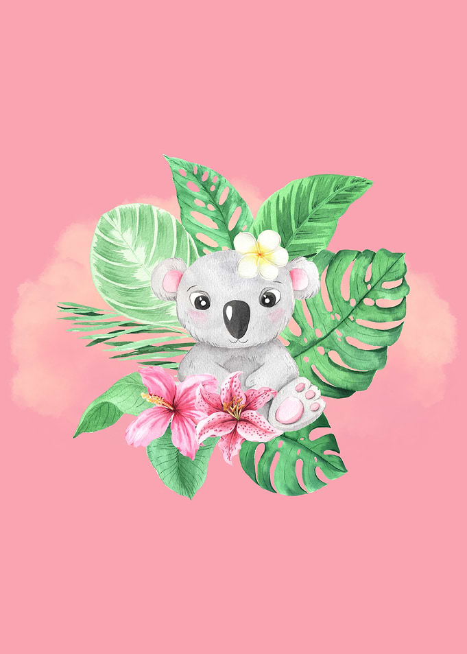Cute Koala with Tropical Flowers