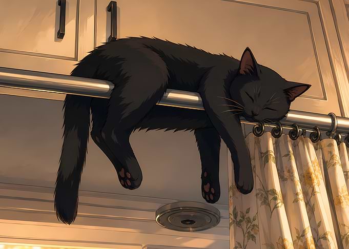 Sleeping Black Cat on Curtain Rod