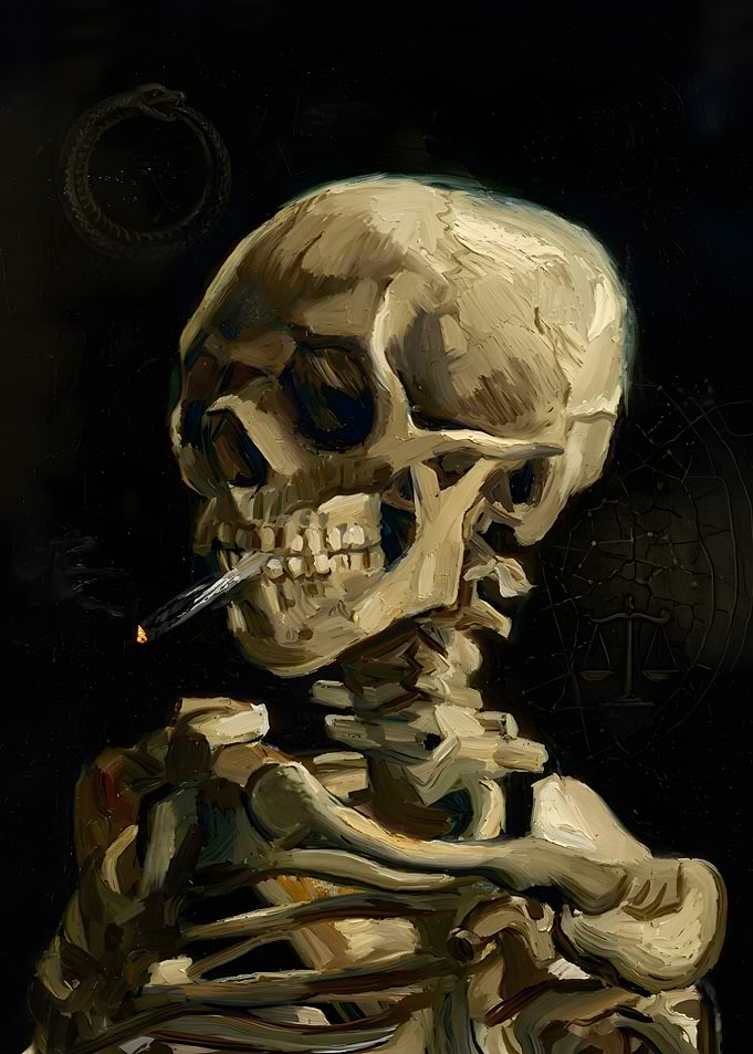 Van Gogh Skull with Cigarette Smoking Painting