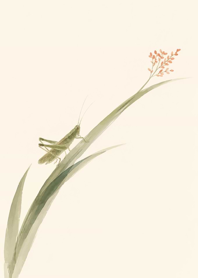 Watercolor Grasshopper on Tall Grass