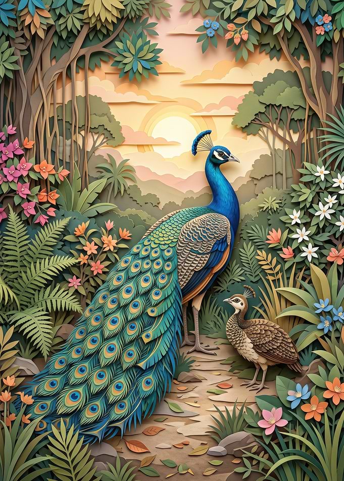 Peacock and Peahen Papercraft Art