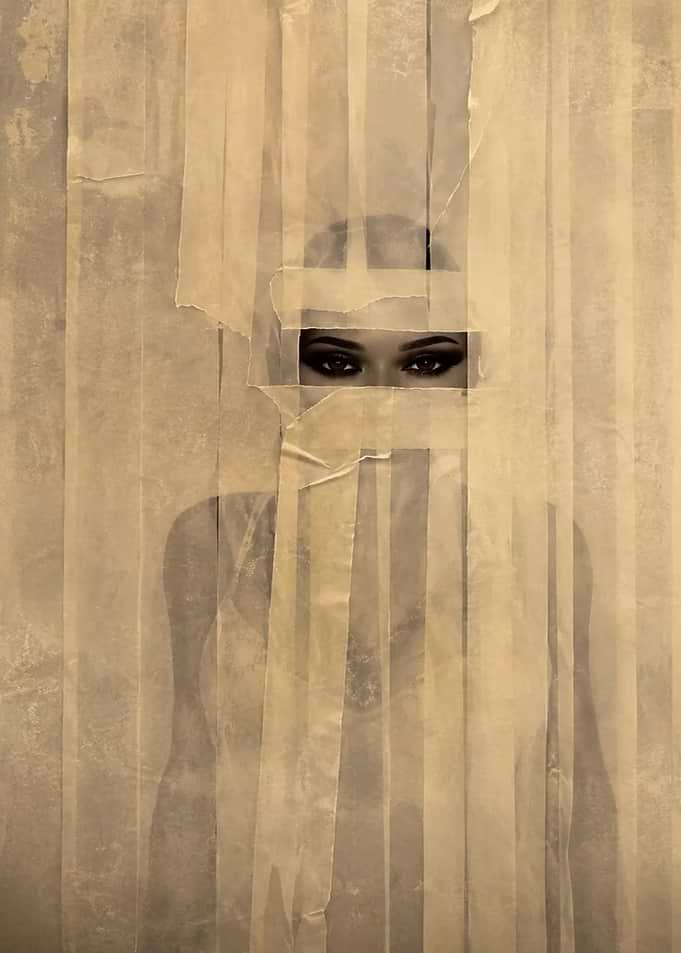 Woman Behind Taped Paper Veil
