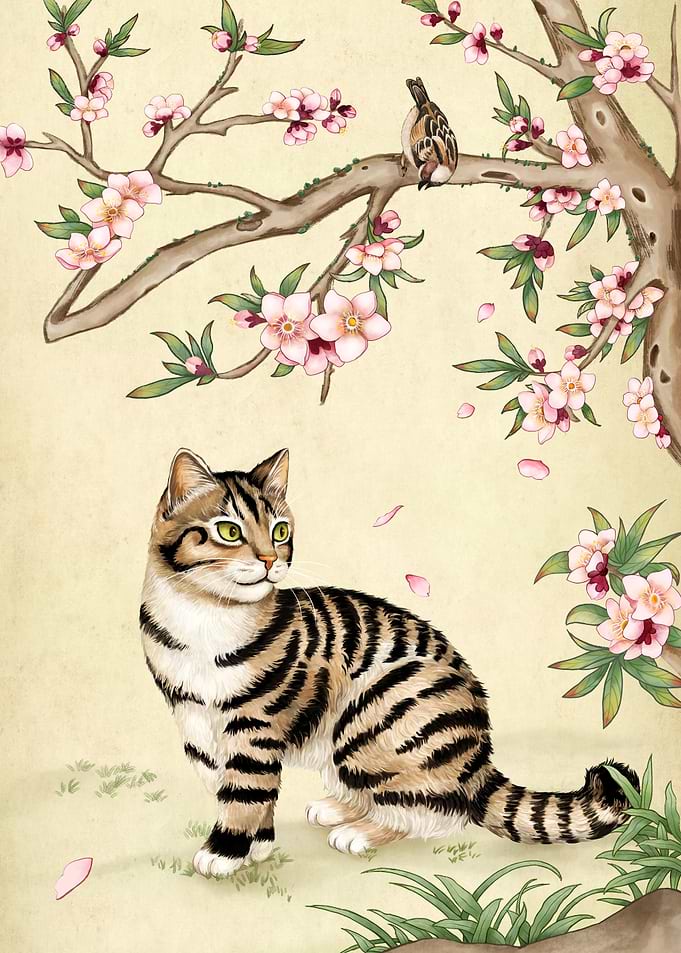 Spring Whispers –Tabby Cat Under Cherry Blossoms