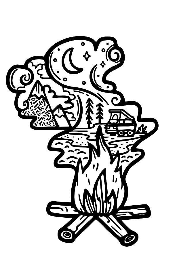 Camping Adventure Campfire Line Art