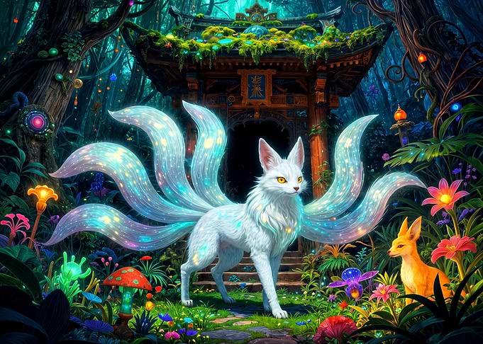 Mystical Nine-Tailed Fox in Enchanted Forest