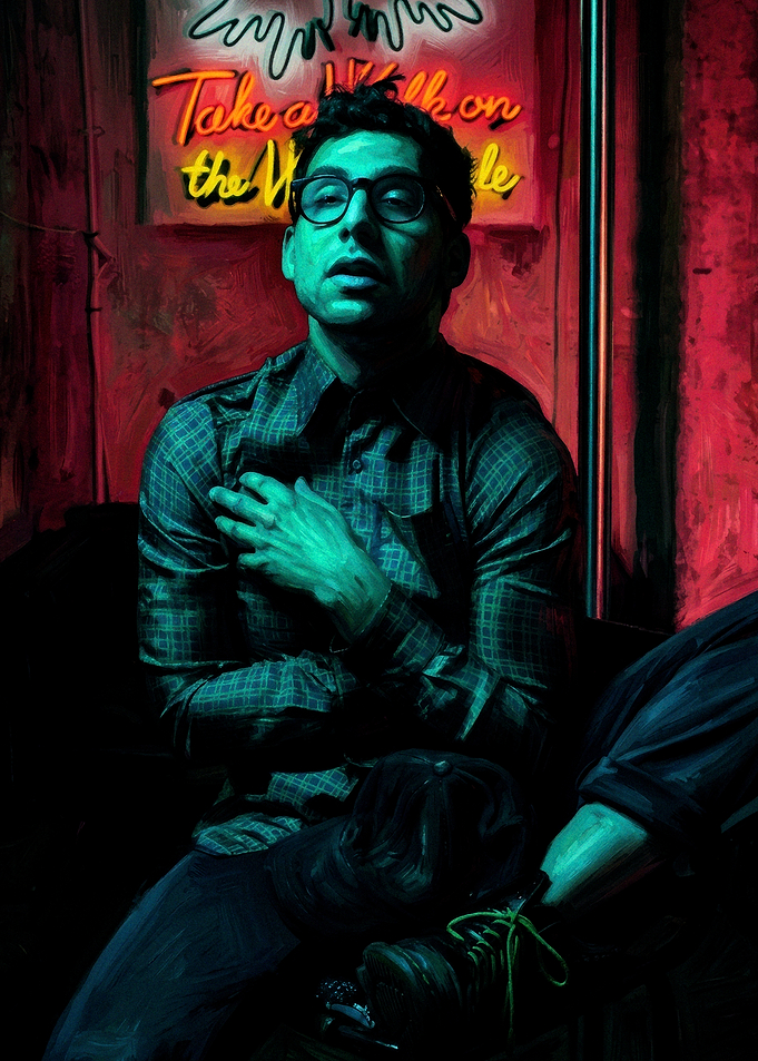 Man in Plaid Shirt Under Neon