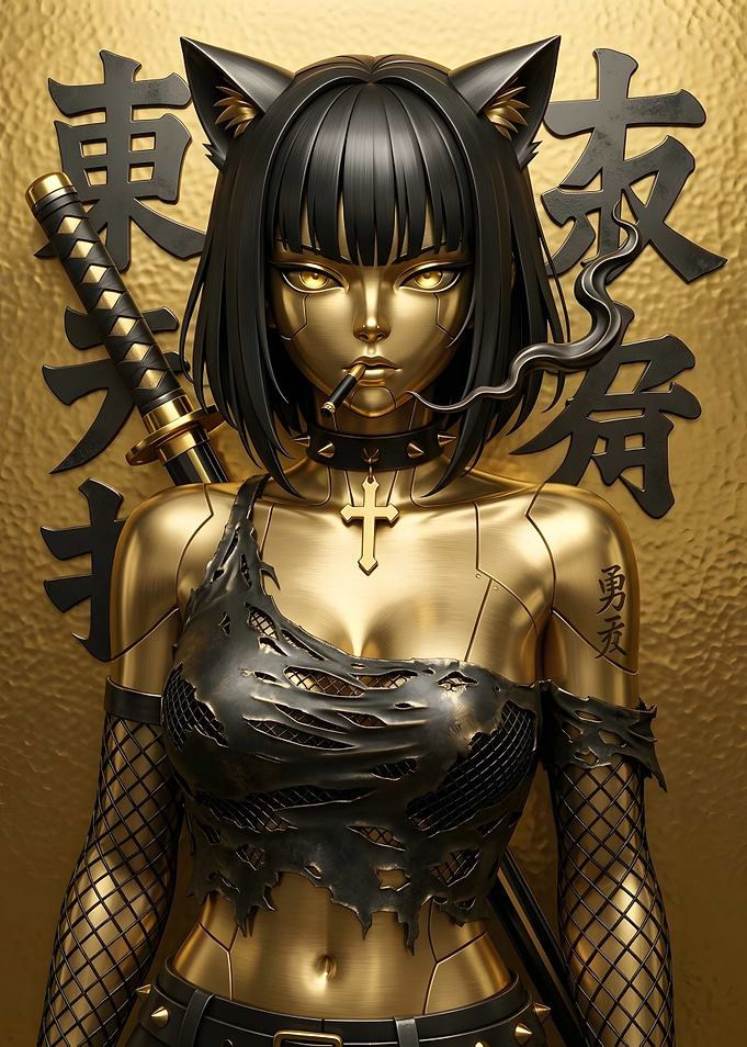 Golden Cybernetic Cat Girl Warrior