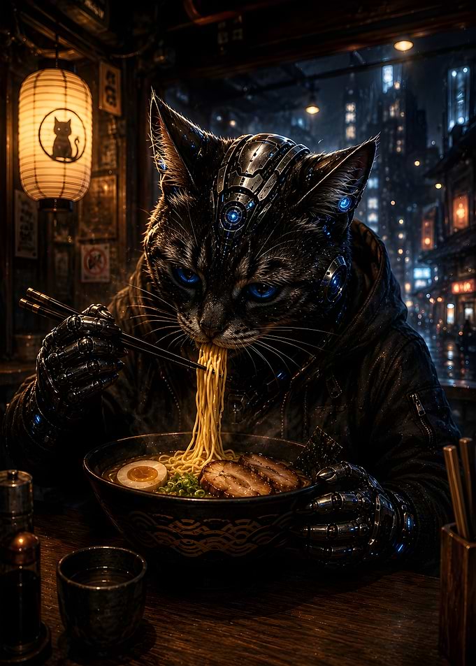 Cybernetic Cat Eating Ramen