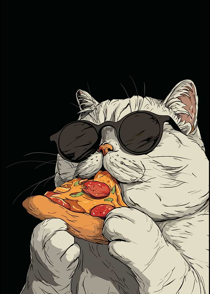 Cool Cat Eating Pepperoni Pizza