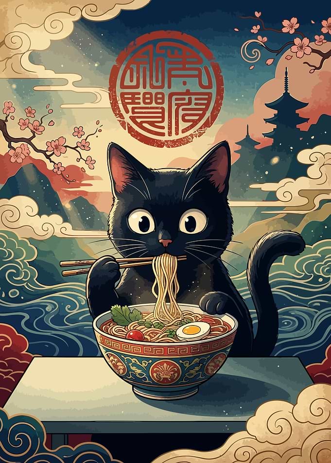Cute Black Cat Eating Ramen