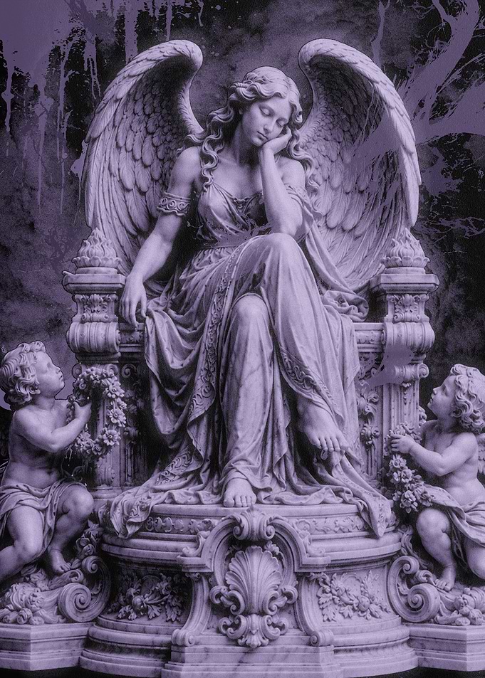 Pensive Angel Statue with Cherubs