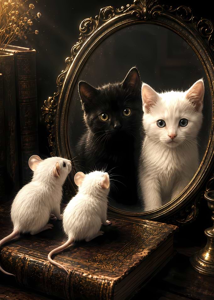 Kittens and Mice Before a Mirror